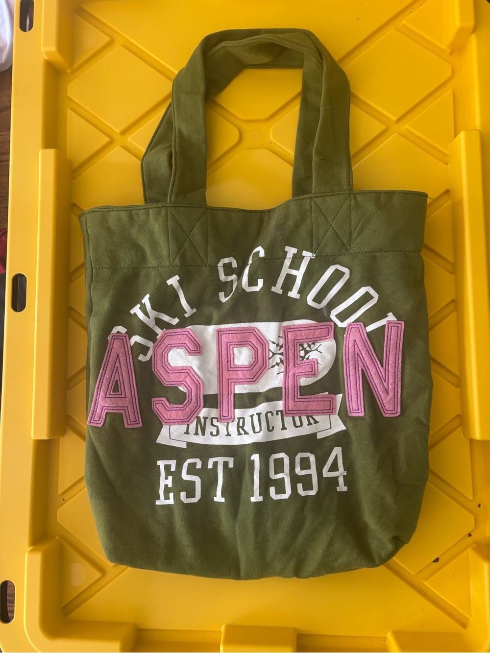Old Navy Aspen Graphic Olive Canvas Tote Bag with Pink Accents